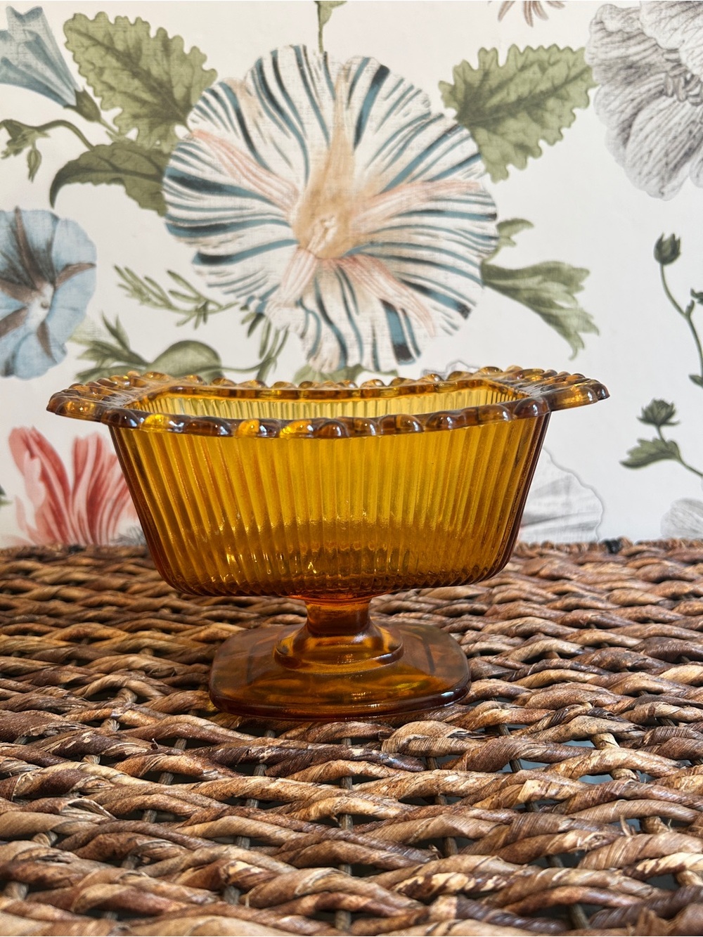 Vintage Amber Glass Pedestal Compote Bowl Lacey Rim Candy Dish